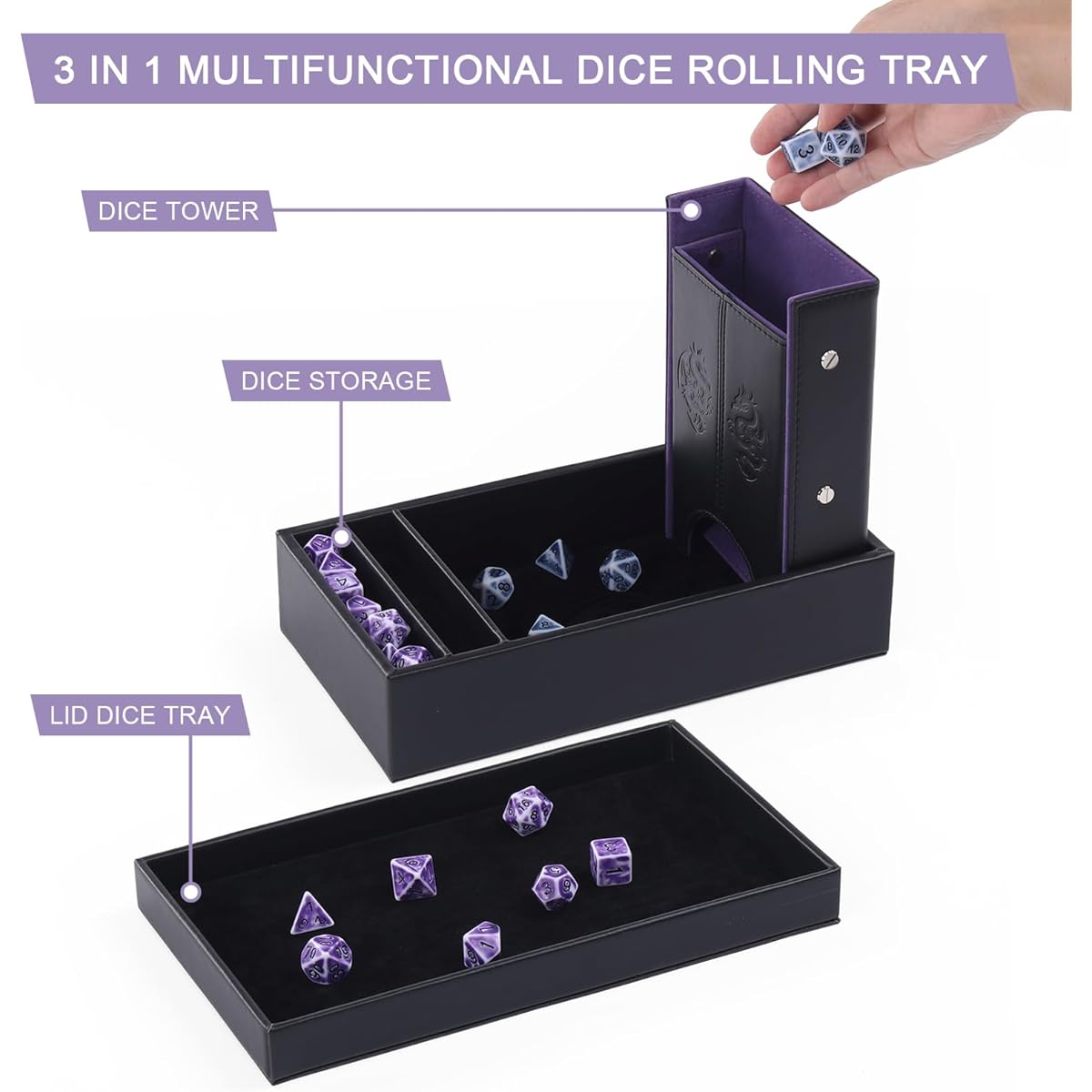 Magic Vosom DND Dice Tray Dice Tower with Storage 3-in-1 Dice Rolling Tray with Lid Portable Dice Box Storage DND Dice Holder