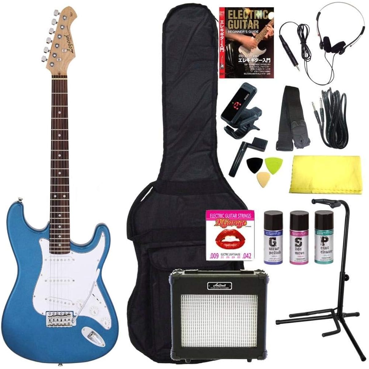 [Perfect 16-piece set/ARIA 6W amplifier] Legend LST-Z MBL (Metallic Blue) Stratocaster electric guitar beginner set introductory set