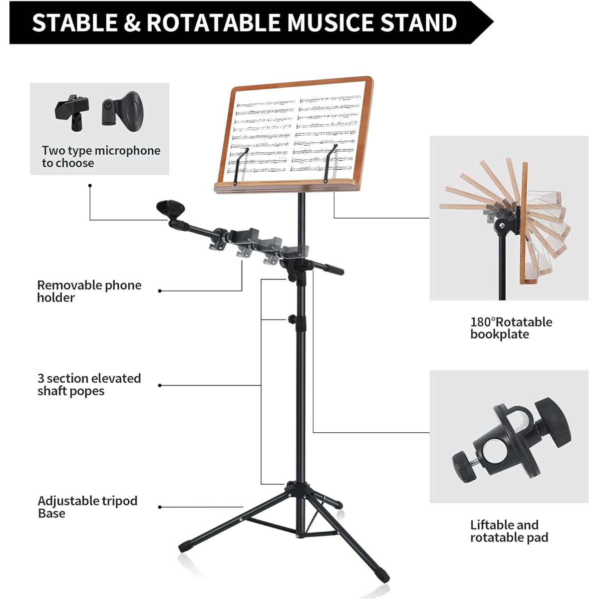 Shikha Music Stand with Mobile Phone Holder and Microphone Holder Brown Wooden Book Plate 3 in 1 Multipurpose Folding Sheet Music Stand & Desktop Book Stand Portable Adjustable Heavy Duty with Clip Holder