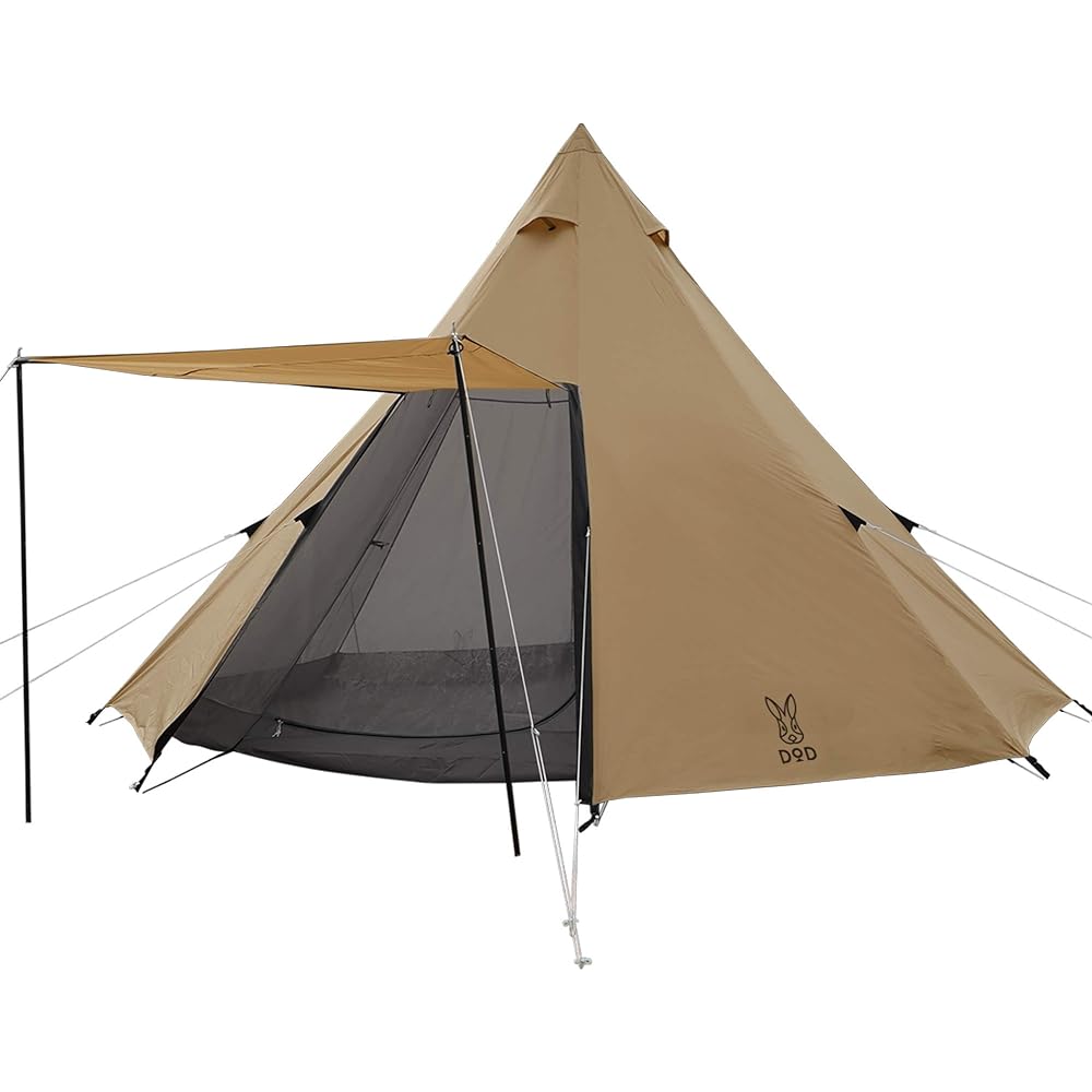 DOD One Pole Tent L for 8 People [Compact Storage & Easy Setup] T8-200-TN & One Pole Tent Table Easy Installation Around the Pole Wood Style Foldable TB6-487 [Set Purchase]
