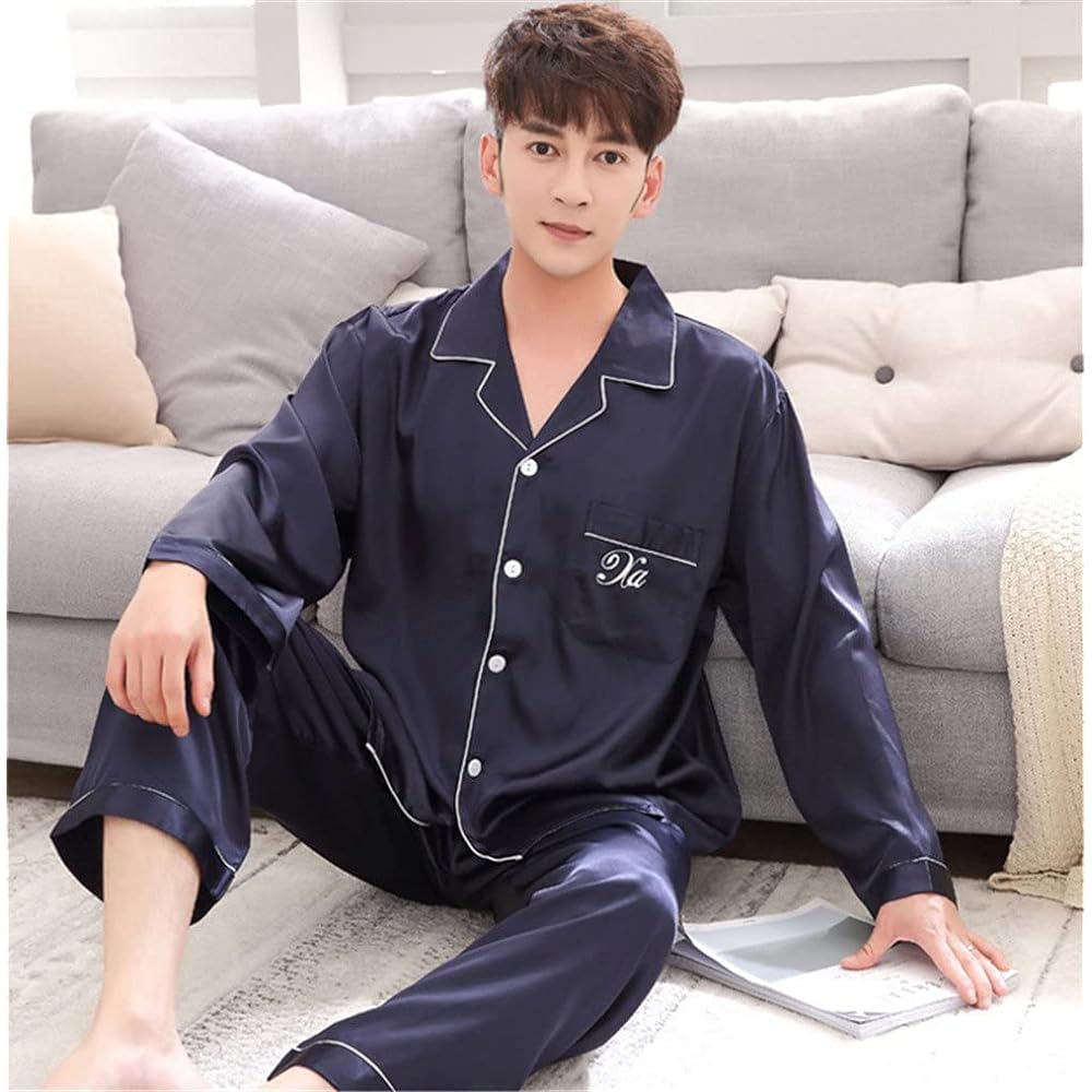 Jutaopin Synthetic Silk Pajamas Top and Bottom Set Women's Long Sleeve Pair Pajamas Summer Room Wear Men's Loungewear Pair Pajamas Mother's Day Present Gift Large Size Navy Red Green Pink Silver Camel Beige 7 Colors Available