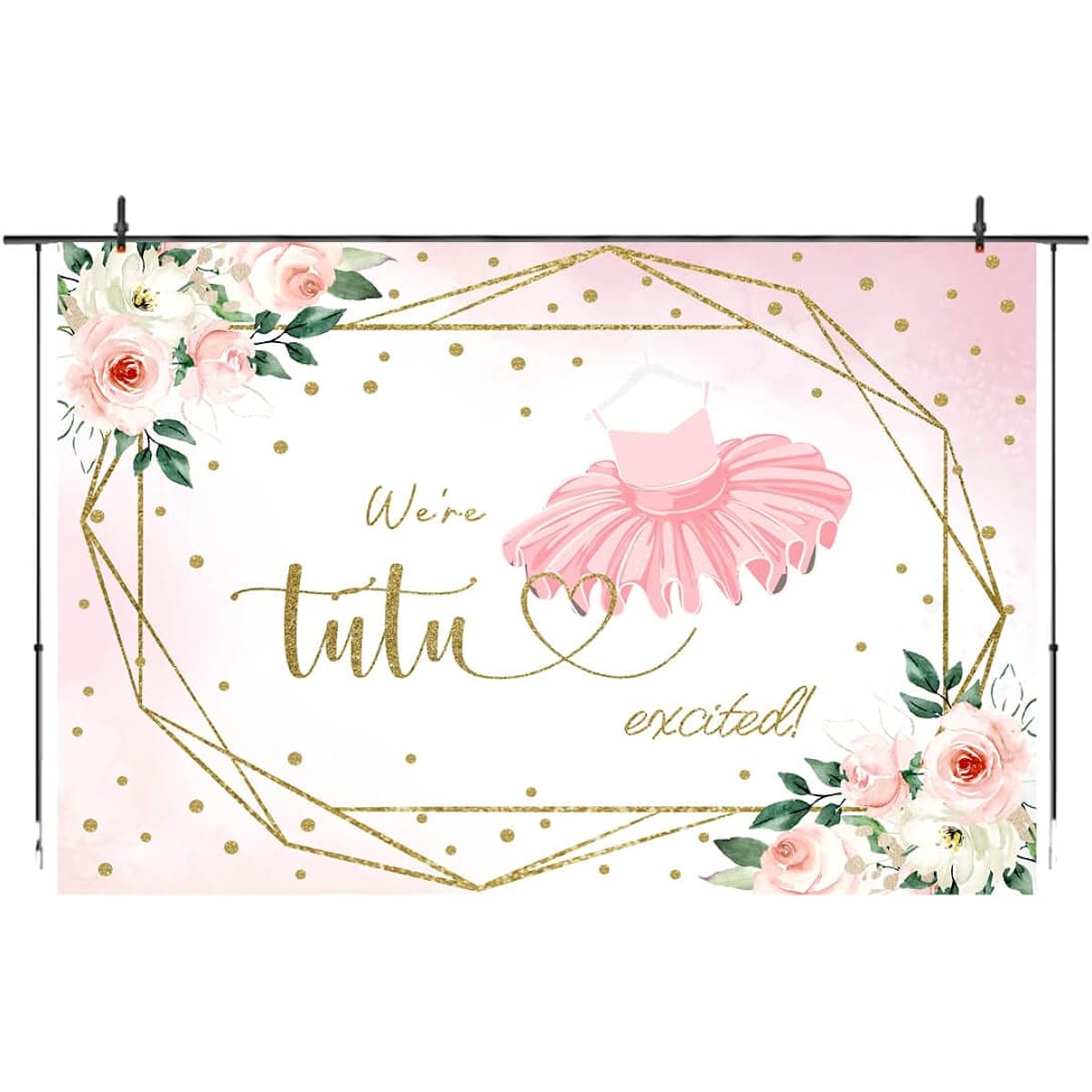 Ballerina Tutu Backdrop for Baby Shower, Blush Pink Glitter Ballet We're Tutu, Exciting Birthday Party Decorations for Girls, Golden Dots Birthday Party Banner, Photo Booth Props 7x5ft