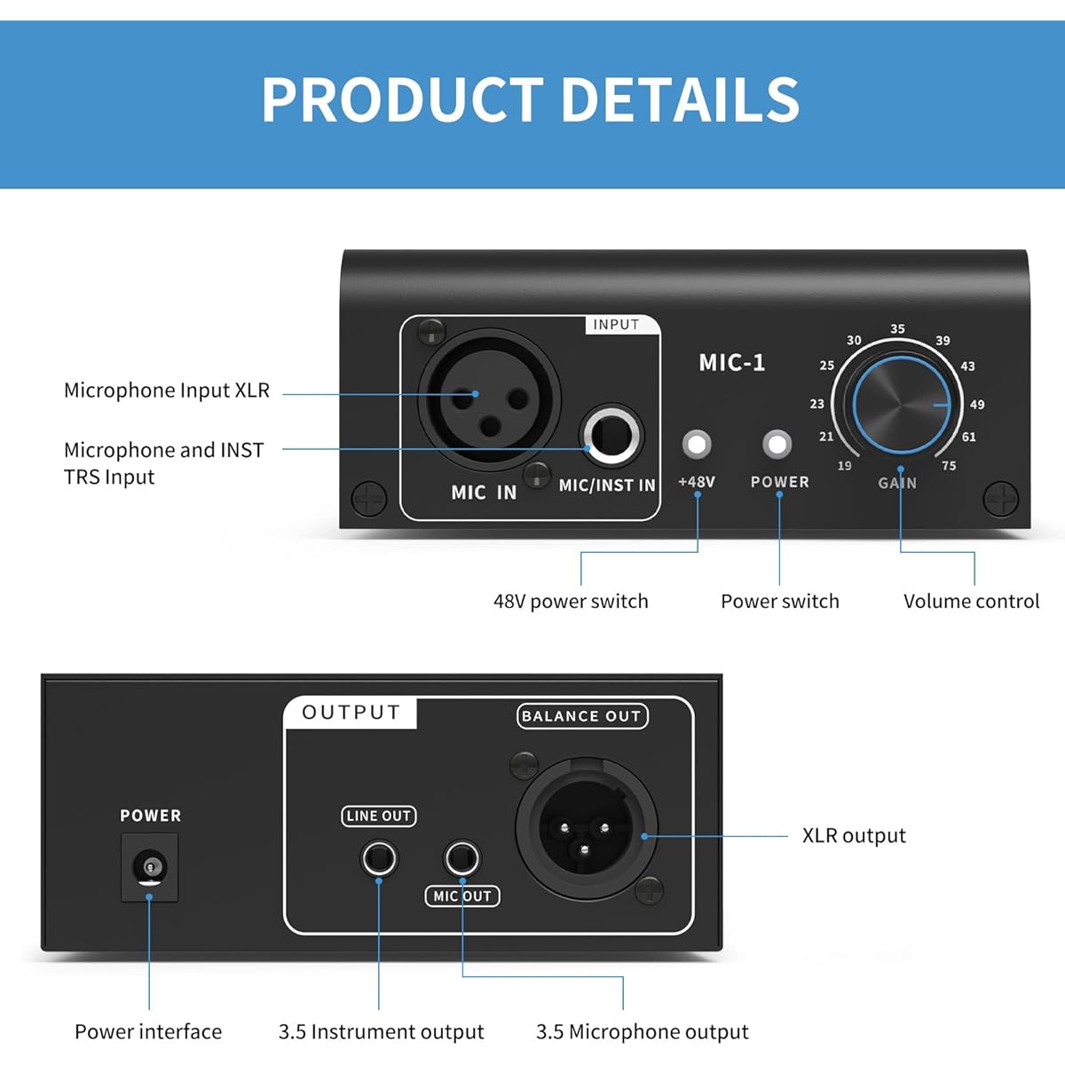 XTUGA XIC1 Mic Preamp Booster for Dynamic and Condenser Microphones 2 Inputs Up to 75db Gain 48V Phantom Power XLR Output