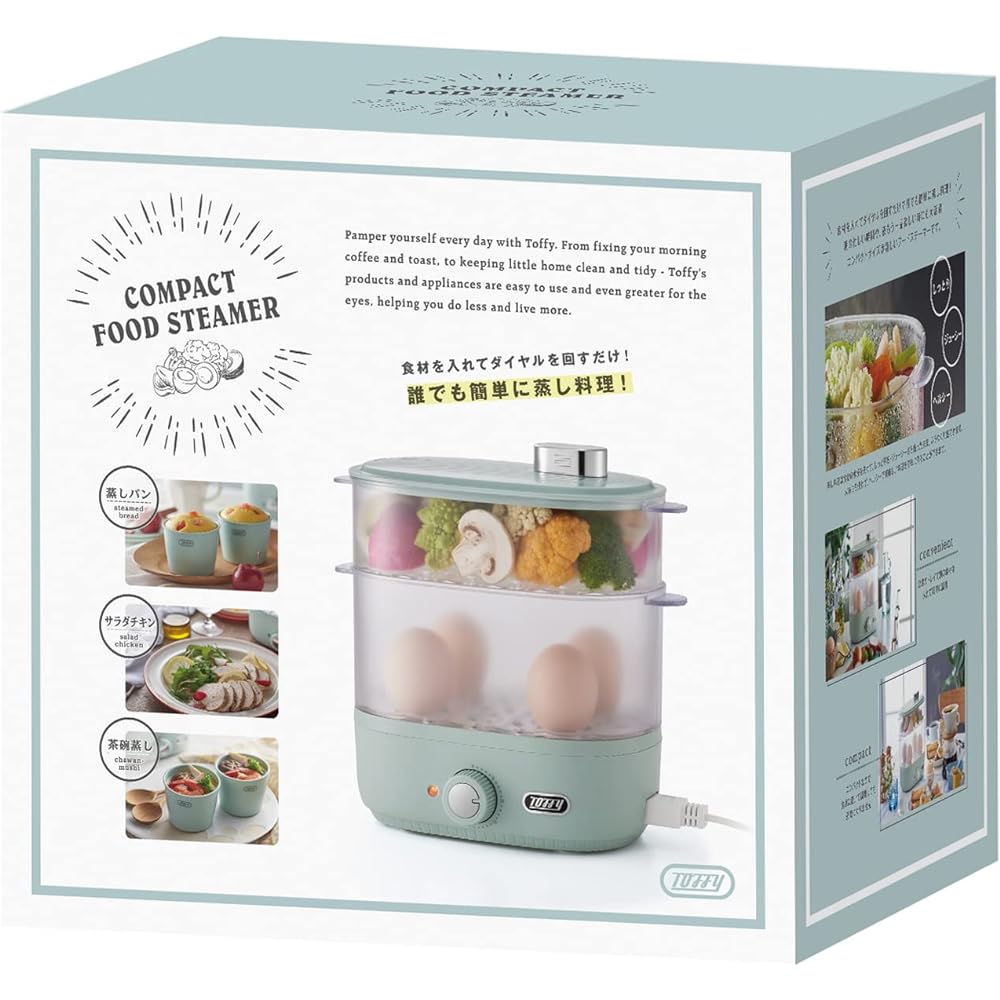 [Toffy] Compact food steamer K-FS1 (Pale Aqua) Steamed food, healthy, top and bottom cooking at the same time, with timer, cooking cup included, boiled eggs, baby food K-FS1-PA