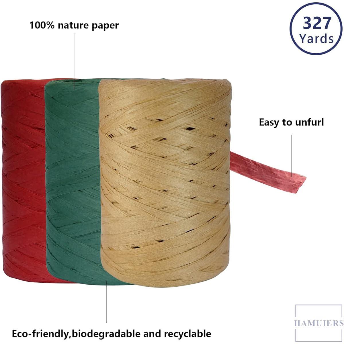 HAMUIERS Raffia Ribbon for Gift Wrapping 3 Rolls Christmas Ribbon for Craft Packing Paper Twine Ribbon - Red Green Craft 1/4" Width 327 Yards