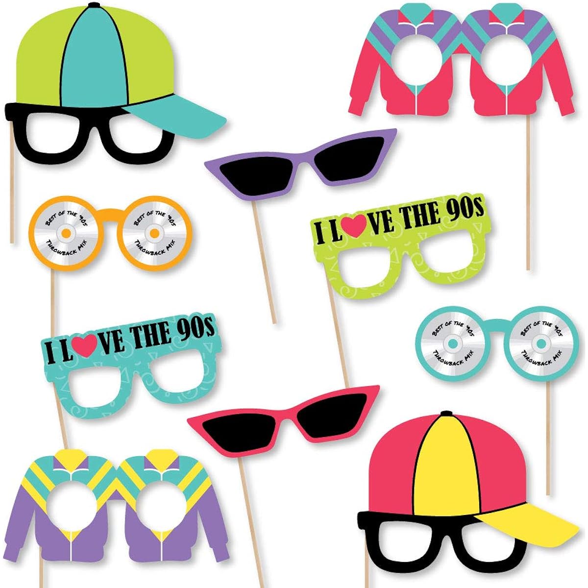 Big Dot of Happiness 90s Throwback Glasses - Paper Card Stock 1990s Party Photo Booth Props Kit - 10 Pieces