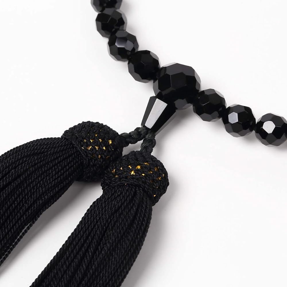 Nenjudo <Japanese Prayer Beads> Women's Luxury Natural Stone Black Onyx 48-sided Cut Handmade Prayer Beads Pure Silk Tassel (100% Silk) Domestic Prayer Beads that Can Be Used by All Sects [Long-established Prayer Bead Manufacturer Founded Over 80 Years]