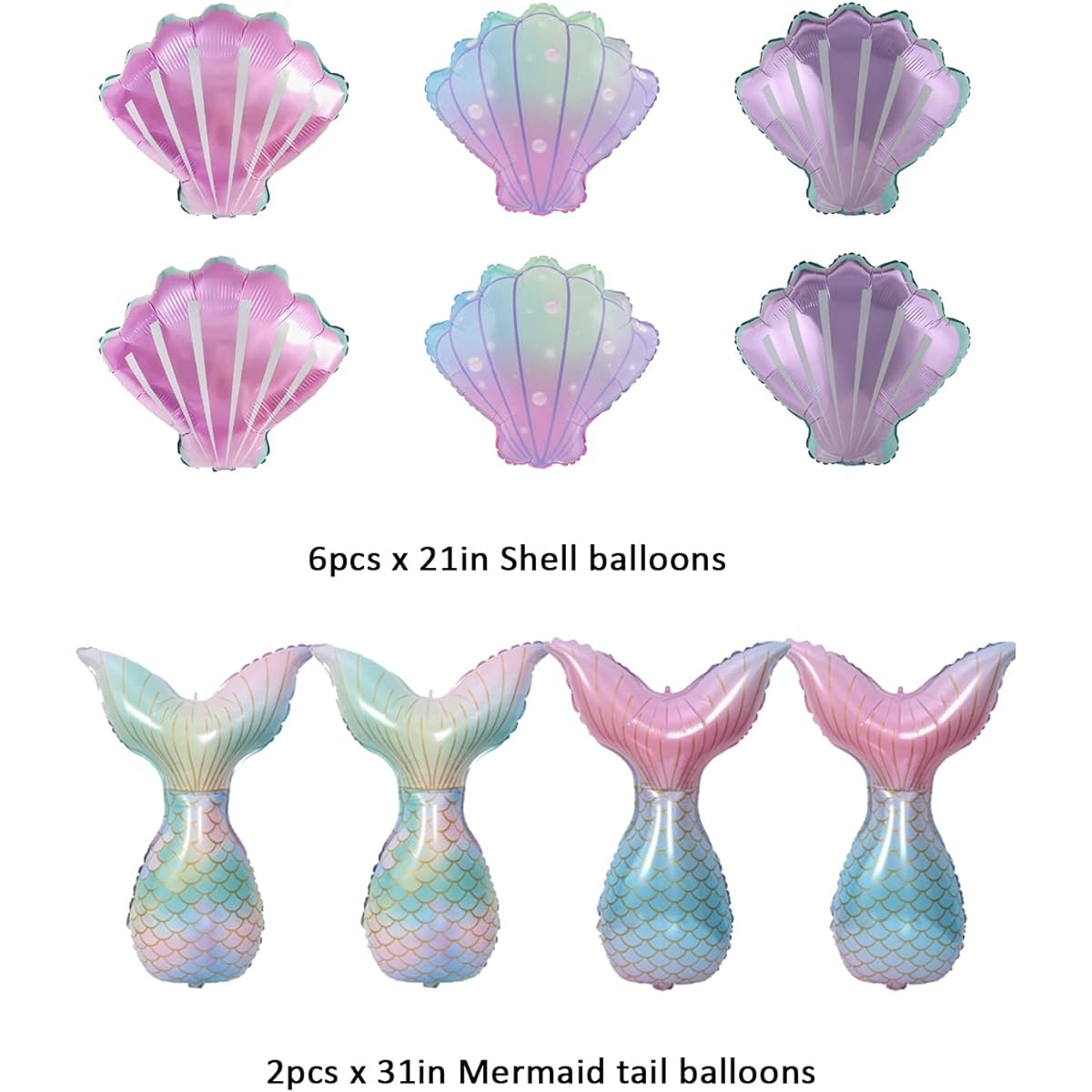 Finypa Mermaid Balloons, 10pcs Seashell Balloons Mermaid Tail Helium Mylar Foil Balloons for Ocean Decorations Baby Shower Summer Beach Mermaid Ocean Theme Birthday Party Supplies