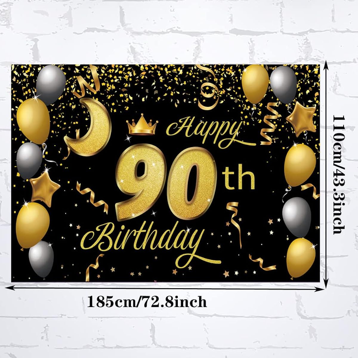 Sweet Happy 90th Birthday Backdrop Banner Poster 90th Birthday Party Decorations 90th Birthday Party Supplies 90th Photo Backdrop for Girls Boys Women Men - Black Gold 72.8 x 43.3 inches