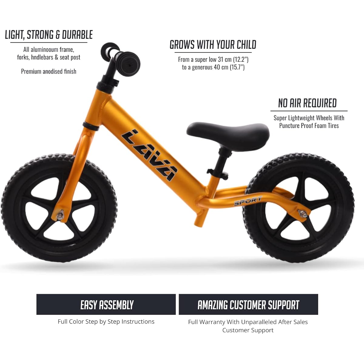 LAVA SPORT Balance Bike - Lightweight Aluminum Toddler Bike for Boys and Girls Ages 2, 3, 4, 5 - Pedal-Free Bike for Kids with Adjustable Handlebars and Seat, EVA Tires - Training Bike