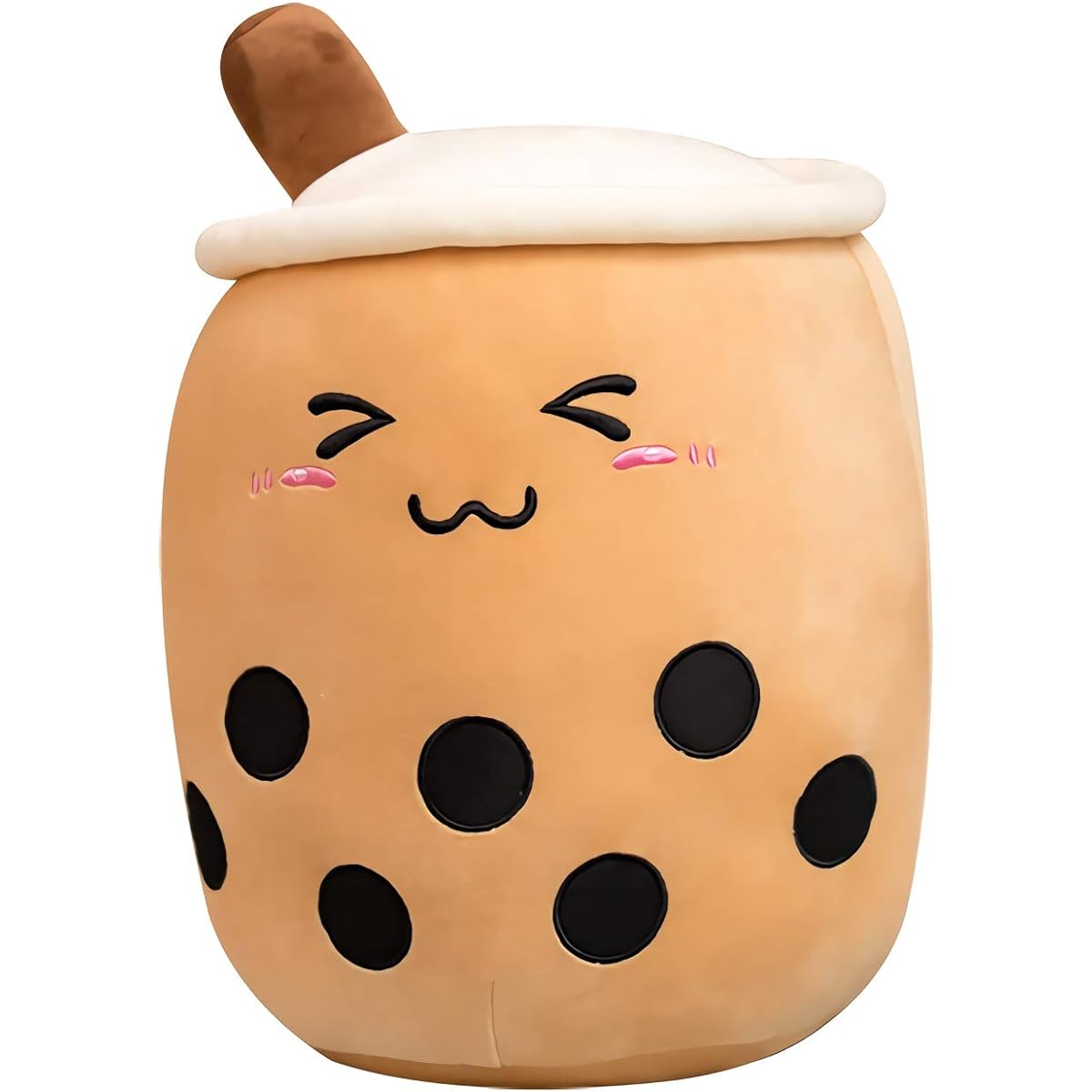 VICKYPOP Cute Bubble Tea Plush Boba Stuffed Animal Food Shaped Cushion Cartoon Fruit Milk Tea Gift for Kids (Brown Close Eyes, 13.7 Inch)