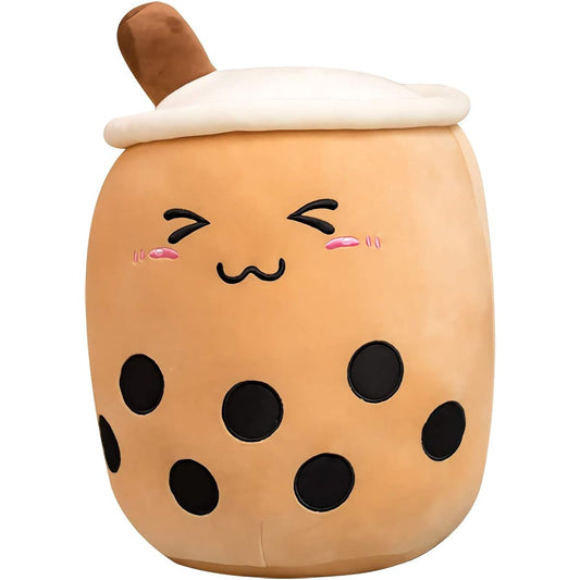 VICKYPOP Cute Bubble Tea Plush Boba Stuffed Animal Food Shaped Cushion Cartoon Fruit Milk Tea Gift for Kids (Brown Close Eyes, 13.7 Inch)