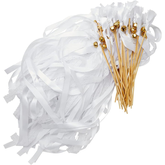 50 Pack White Ribbon Wands with Bells Wedding Streamers Party Favors (24")