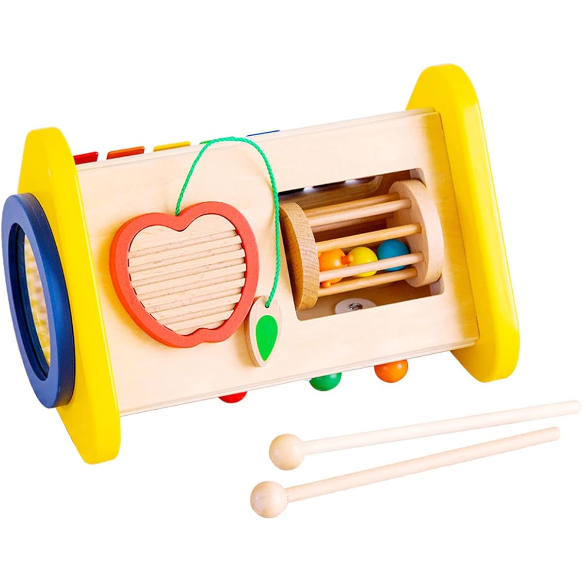 Bon Furniture Wooden Toys Drum Metallophone Gears Guiro Rattle 2 Drumsticks Included Sound Play Ages 2 and Up to 3