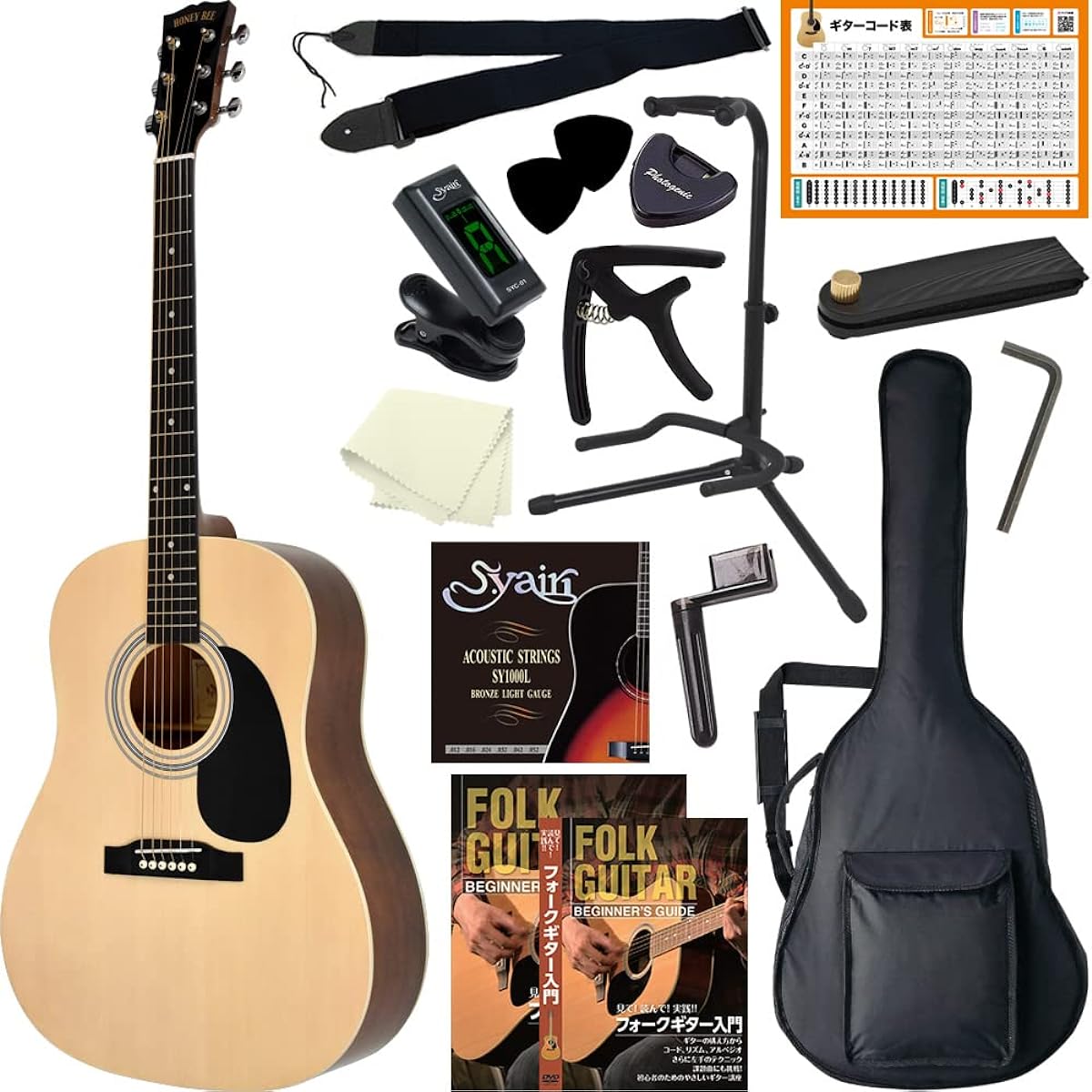 HONEY BEE Acoustic Guitar Round Shoulder Type HJ-18/N Beginner's Guide 16 Piece Set