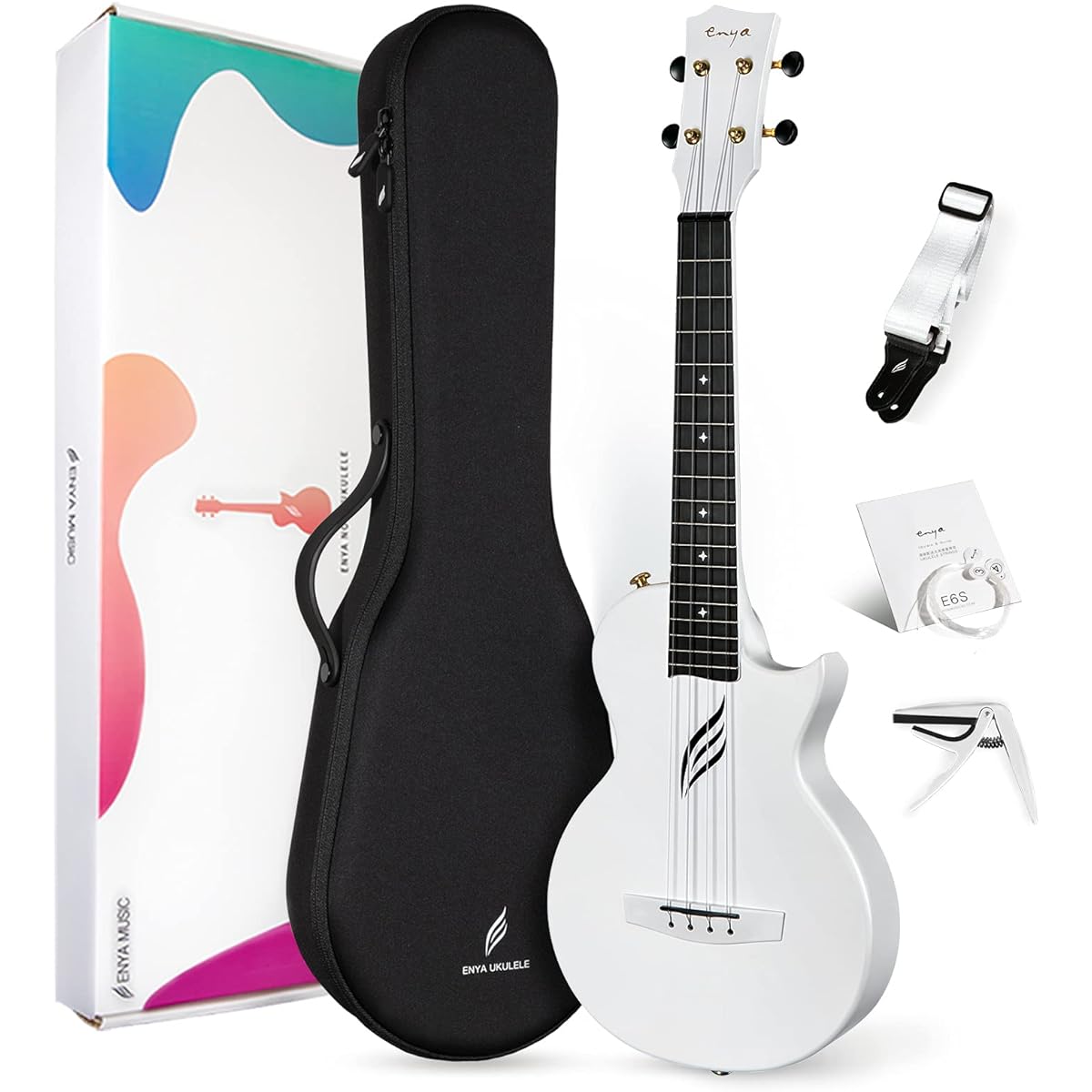 Enya Nova U Pro Ukulele tenor size carbon molded ukulele kit, accessories: ukulele case, strap, capo, fluorocarbon replacement strings (White)