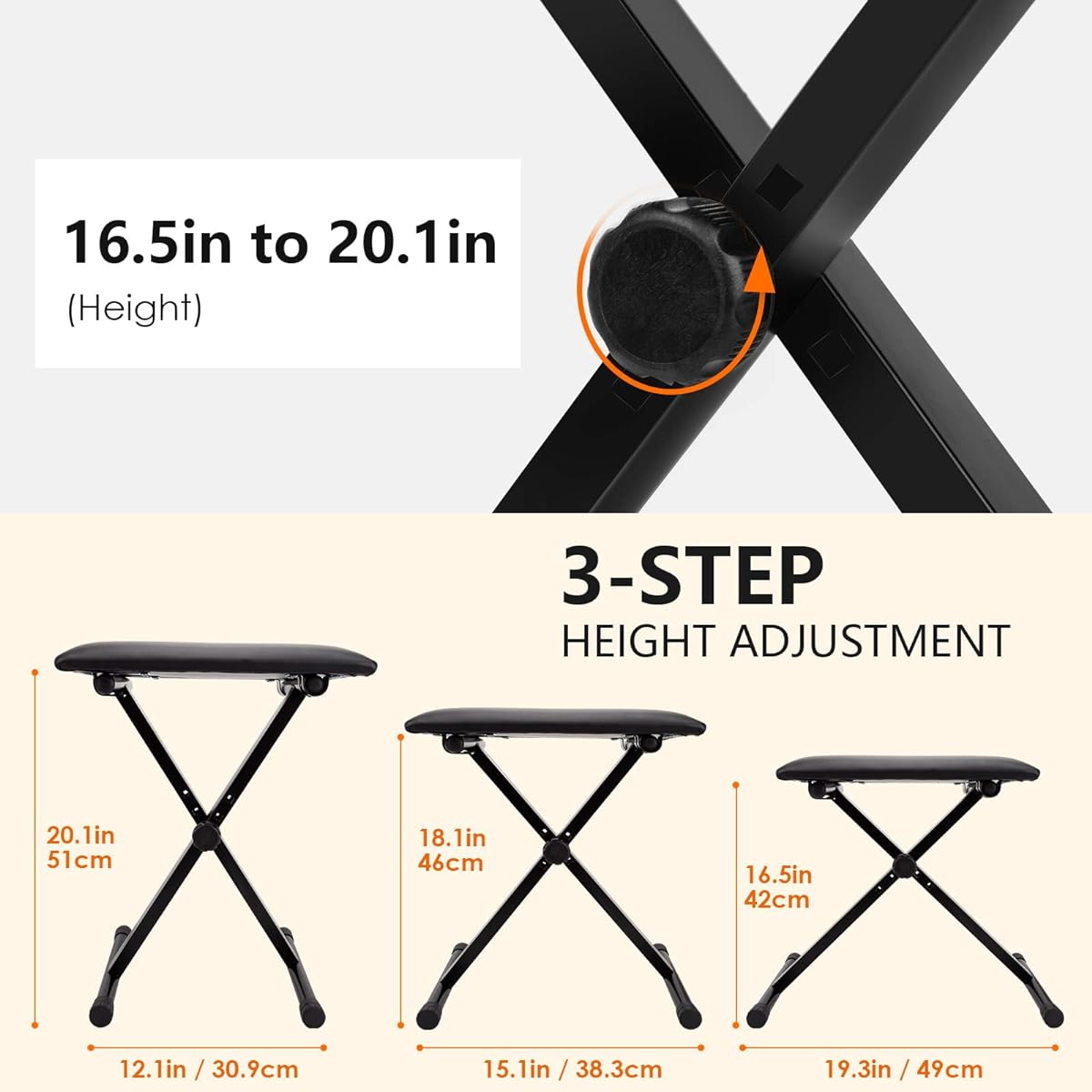 LETSROCK Piano Bench Keyboard Bench X Style Padded Adjustable Portable Stool Folding Chair Foldable Seat Waterproof Anti-Slip Black
