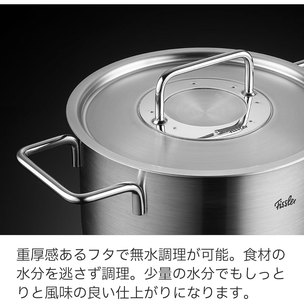 Fissler Two-handed Pot 24cm Pure Collection Casserole with Stainless Steel Lid Gas Fire/IH Compatible Made in Germany [Authorized Japanese Product] Silver 086-124-24-000