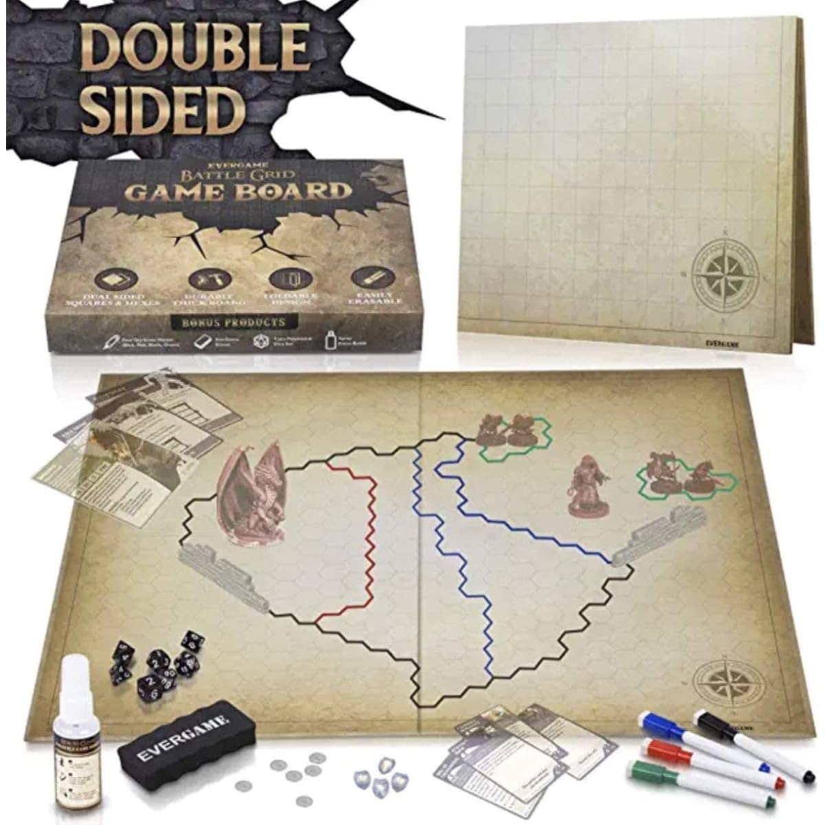 EverGame Dungeons & Dragons Game Mat (23x27) Ultimate DND Board Game Battle Map with Dice Set, Double-Sided, Hexagon & Square Grid for an Epic Roleplaying Game Experience