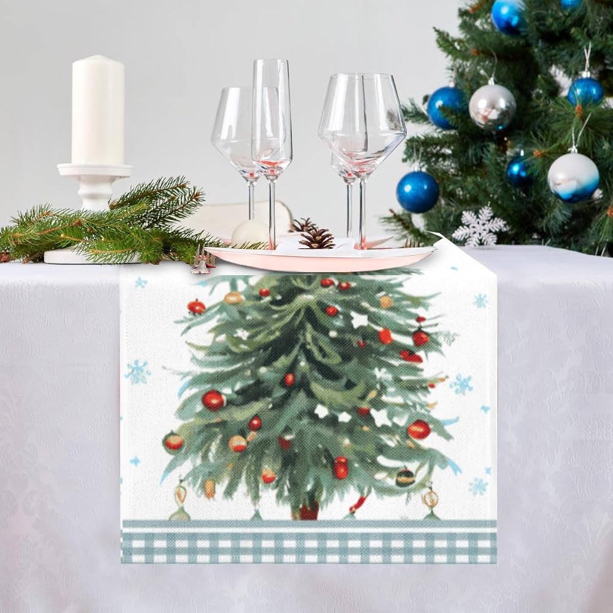 Blue Christmas Table Runner Snowman Christmas Rustic Table Runner Farmhouse Kitchen Dining Table Decor Indoor Outdoor Home Holiday Party Decor 13 x 108 Inch (Christmas Tree 13x108)