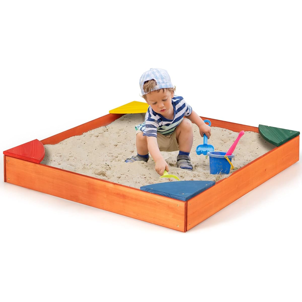 Costzon Wooden Sandbox with Built-in Corner Seat 2-in-1 Garden Bed Planter Box Kids Outdoor Sandbox for Backyard Lawn Garden Beach