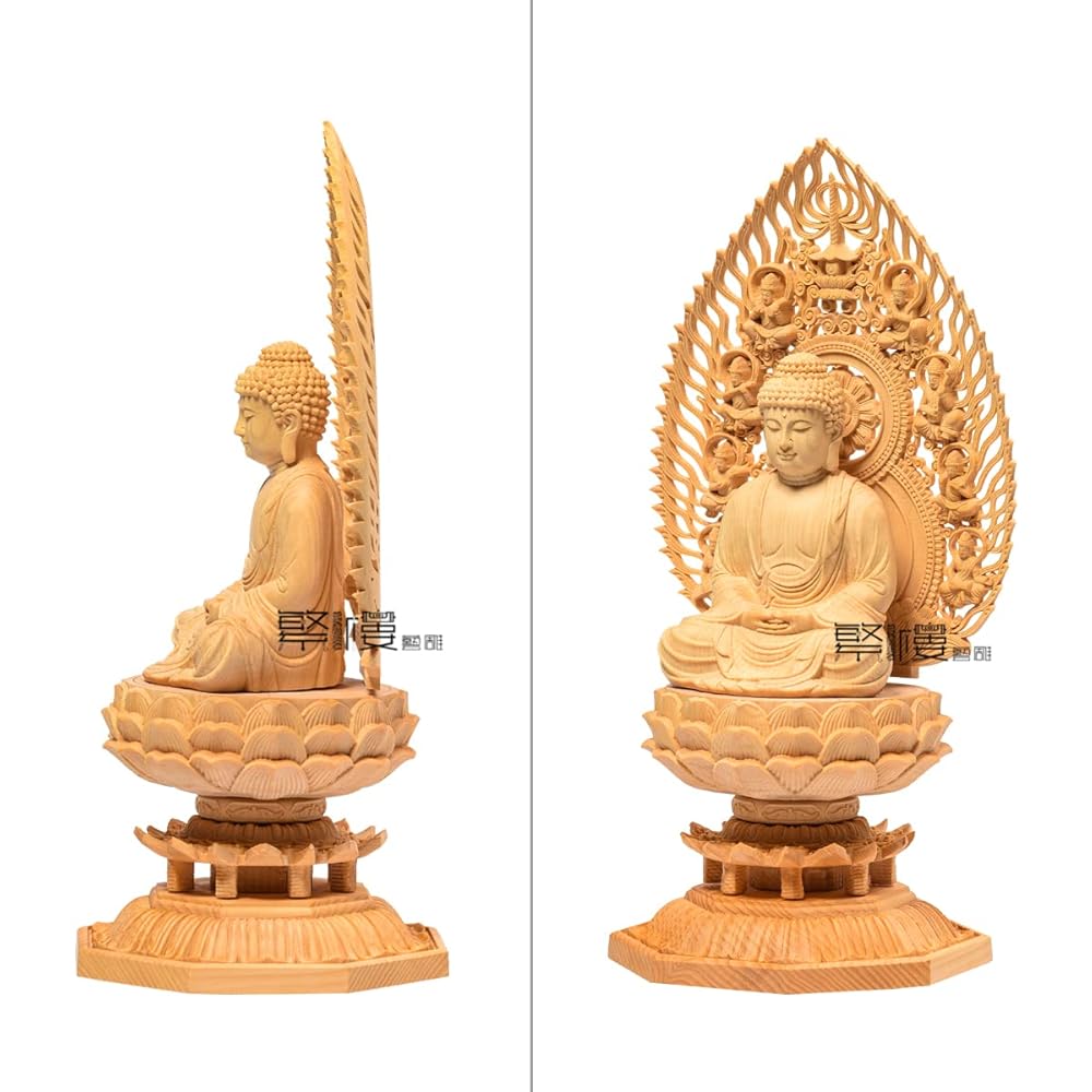 TheChanger Hanro Art Sculpture Buddha Statue Shaka Nyorai Soto Zen Rinzai Buddhist Altar Buddha Statue Wood Carving Cypress Wood Pray Warm Off Hiten Halo Octagonal Base (Height 28 cm x Width 12 cm x Depth 12 cm)