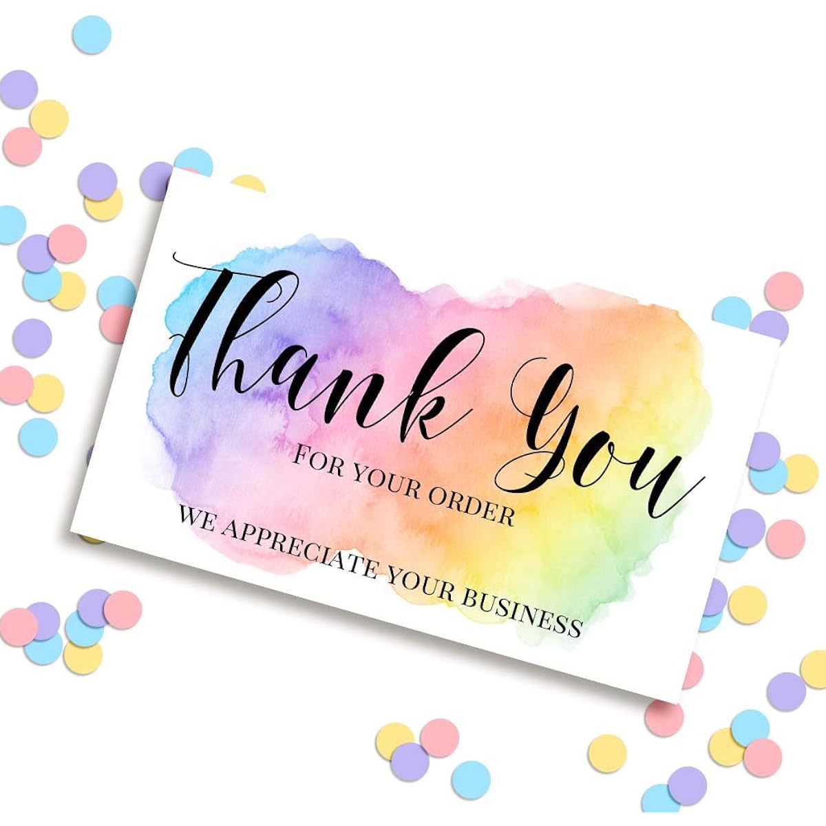 AmandaCreation Pastel Rainbow Watercolor Stroke Thank You Customer Appreciation Packaging Inserts for Small Business - 100 Sheets 2" X 3.5" Single Sided Insert Cards