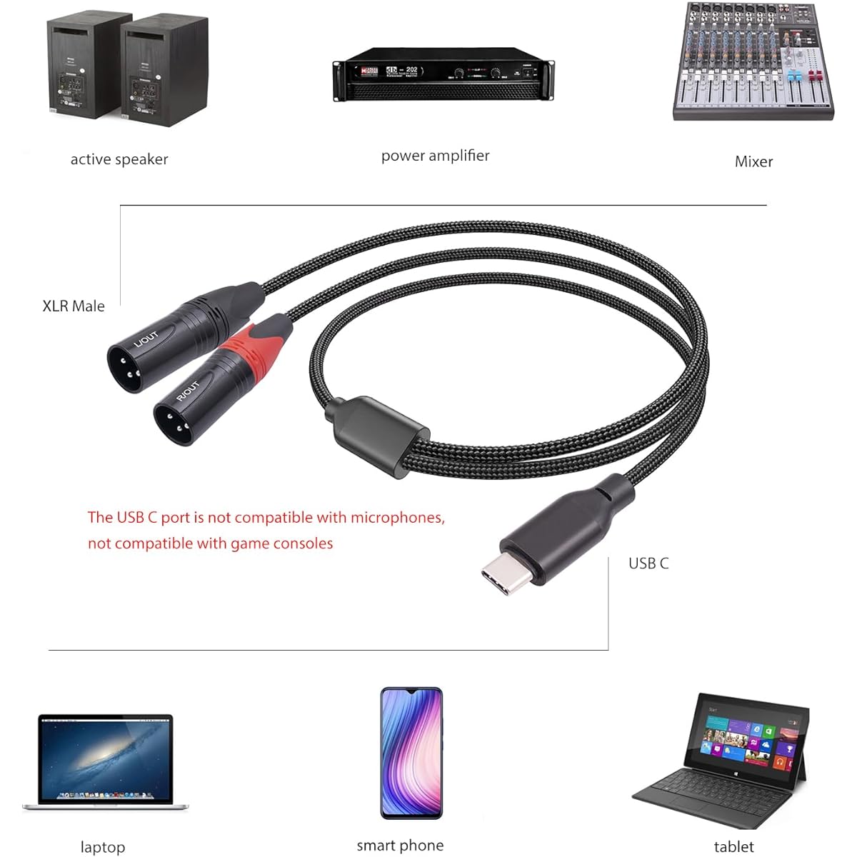 HUALEU, 10ft USB C to Dual XLR Male Audio Cable, Electronic Cable for Amplifiers, Tablets, Smartphones, Speakers, Laptops