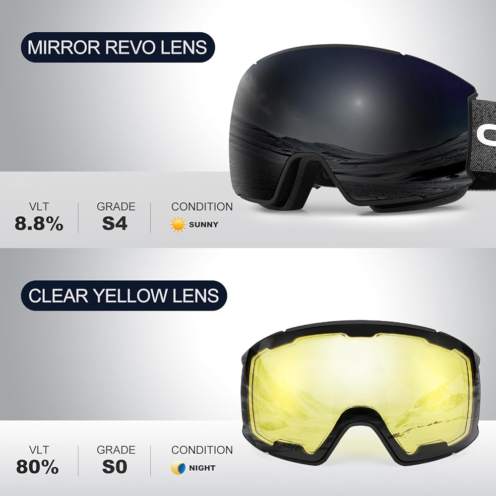 [Odoland] Ski Goggle Set, Lenses for Night Riding, Interchangeable Magnetic Lenses, 2 Layer Spherical Lenses, Mirror Lenses, Glasses Case Included, Anti-Fog, UV Protection, Men's and Women's Snow Goggles