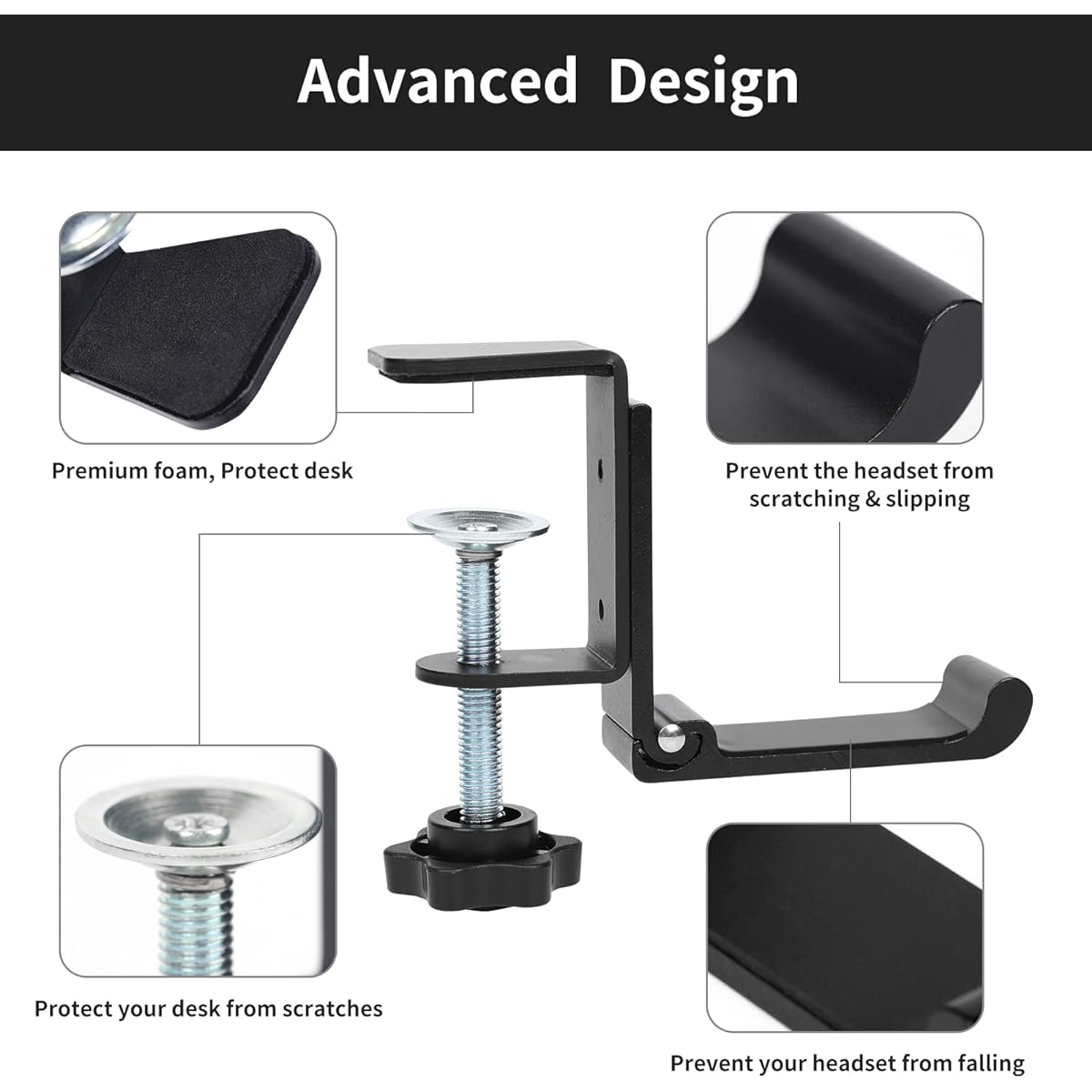 merryhome Headphone Stand Headset Holder Under Desk Hanger Desk Clamp Metal Black Universal Fit Hook Adjustable PC Gaming Holder Headphone Stand Soundbar Mount Design