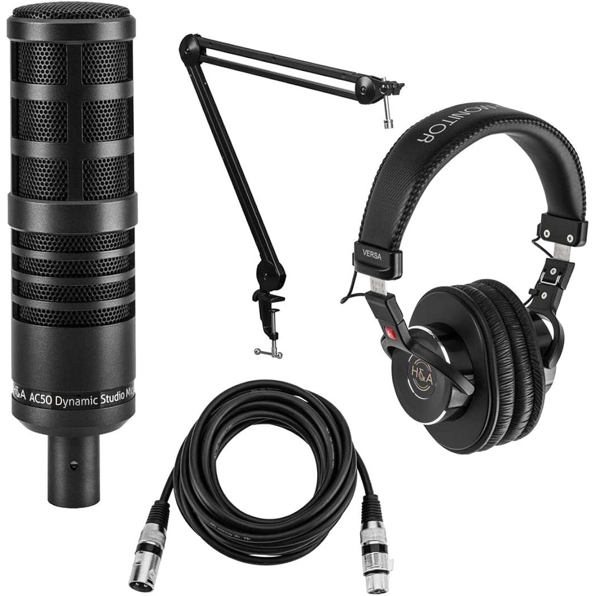 H&A AC50 Cardioid Dynamic Studio Broadcast Microphone Bundle with Professional Studio Headphones, Broadcast Arm, Spring Attached, 15ft XLR M to F Mic Cable
