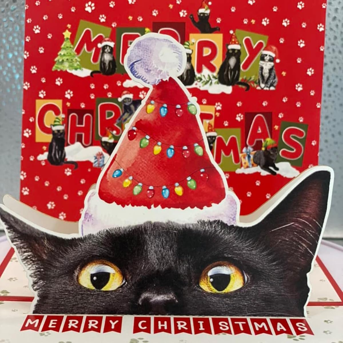 Black Cat Christmas Card - 3D Pop Up Card with Envelope - Meowy Christmas Greeting Card for Cat Lovers