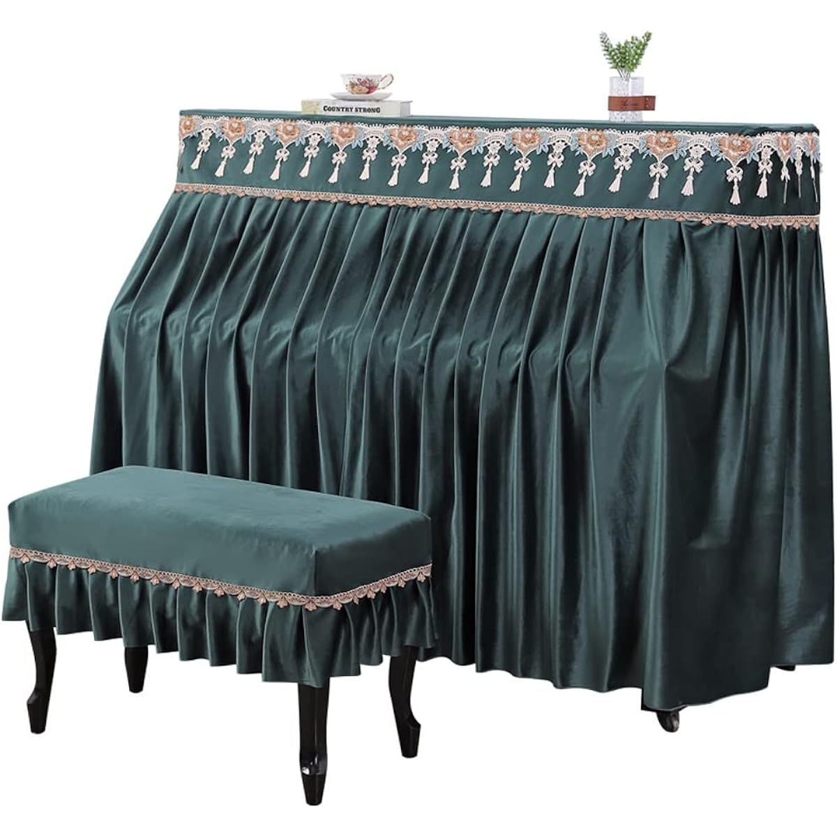 European Style Upright Piano Cover, Home Full Piano Cover Dust Protection Cover Electric Piano Cover Upright Piano Universal 148~152 Cm (Color : Green, Size : Stool Cover 78*38cm)