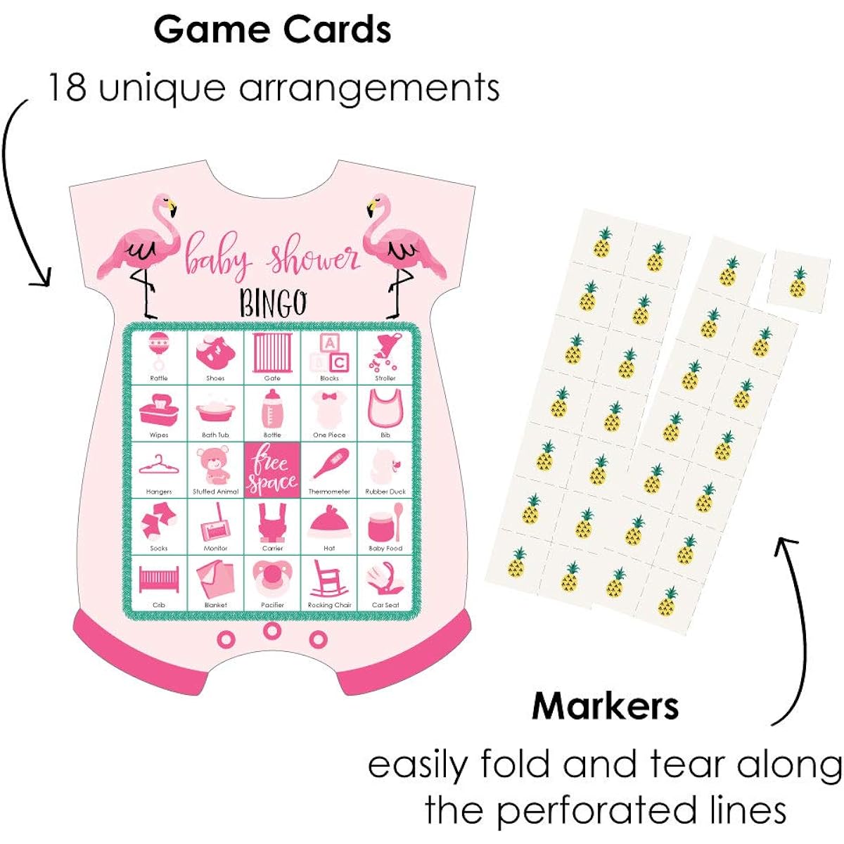 Pink Flamingo - For a Party Like a Pineapple - Bingo Cards and Markers - Bingo Game in the Shape of a Tropical Summer Baby Shower - Set of 18