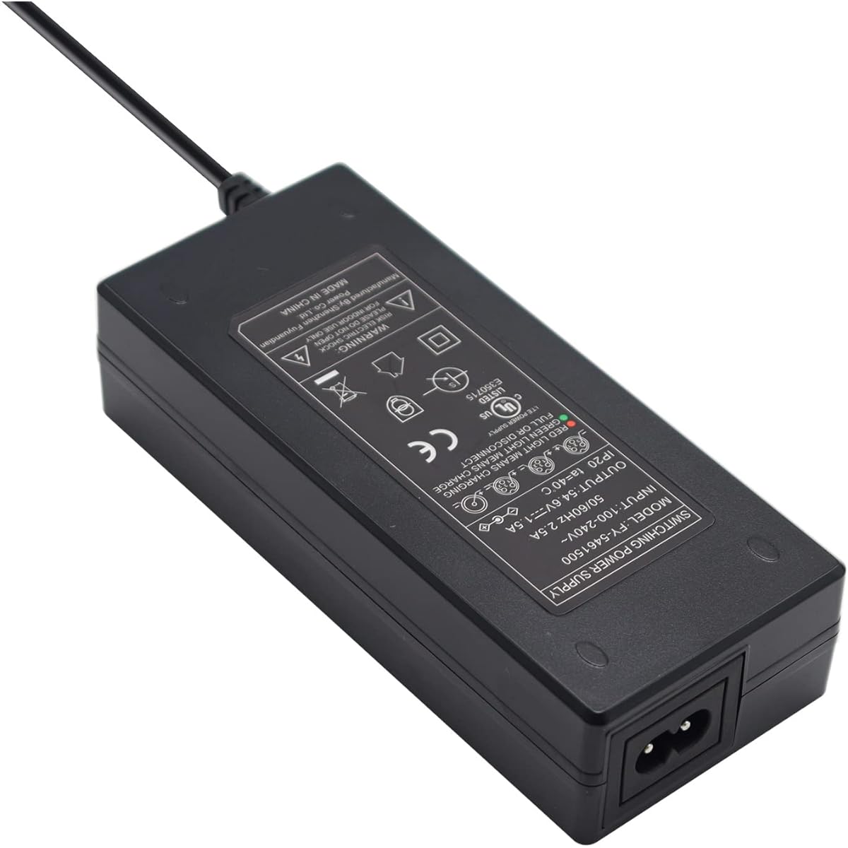 54.6V 1.5A charger power adapter for 13S 48V lithium li-ion battery pack, with 5.5*2.1mm round plug and 5.5*2.5mm tip.