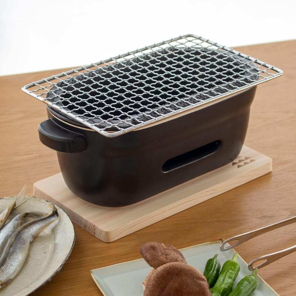 Kamoshika Doguten Ceramic Charcoal Stove, Square Black, Square Net and Floor Plate Included, Water Stove, Tabletop, Ceramic, Banko Ware, Made in Japan
