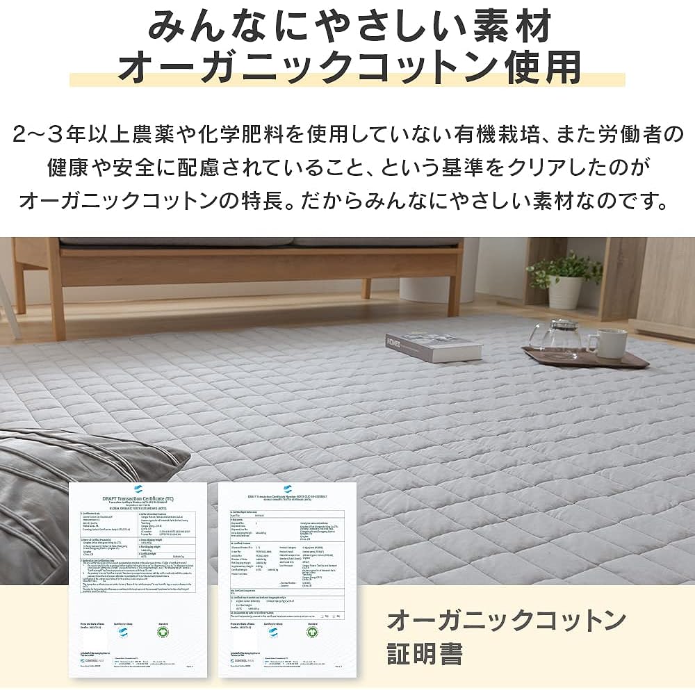 Iris Plaza 100% Organic Cotton, Friendly Rug for the Whole Family, 78.7 x 98.4 inches (200 x 250 cm), Light Gray, Antibacterial, Odor-Resistant, Mite Resistant Treatment, Always Clean, Washable at