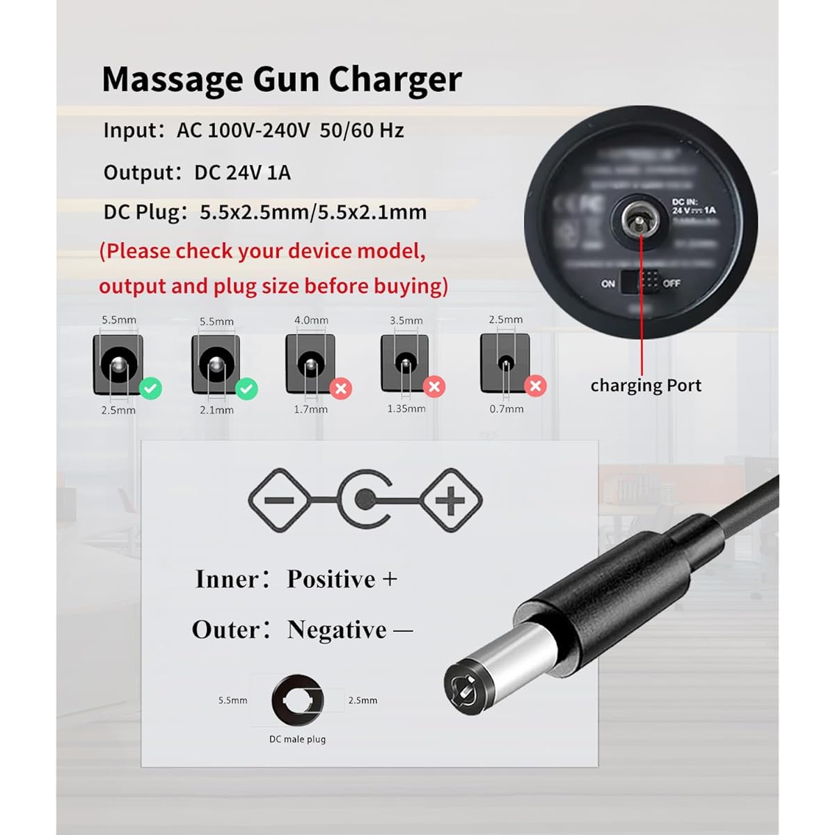 24V Massage Gun Charger ERLANG EM13 / Darkiron EM31 Massage Gun Charging Cable TOLOCO EM26 Massage Gun Charger Replacement