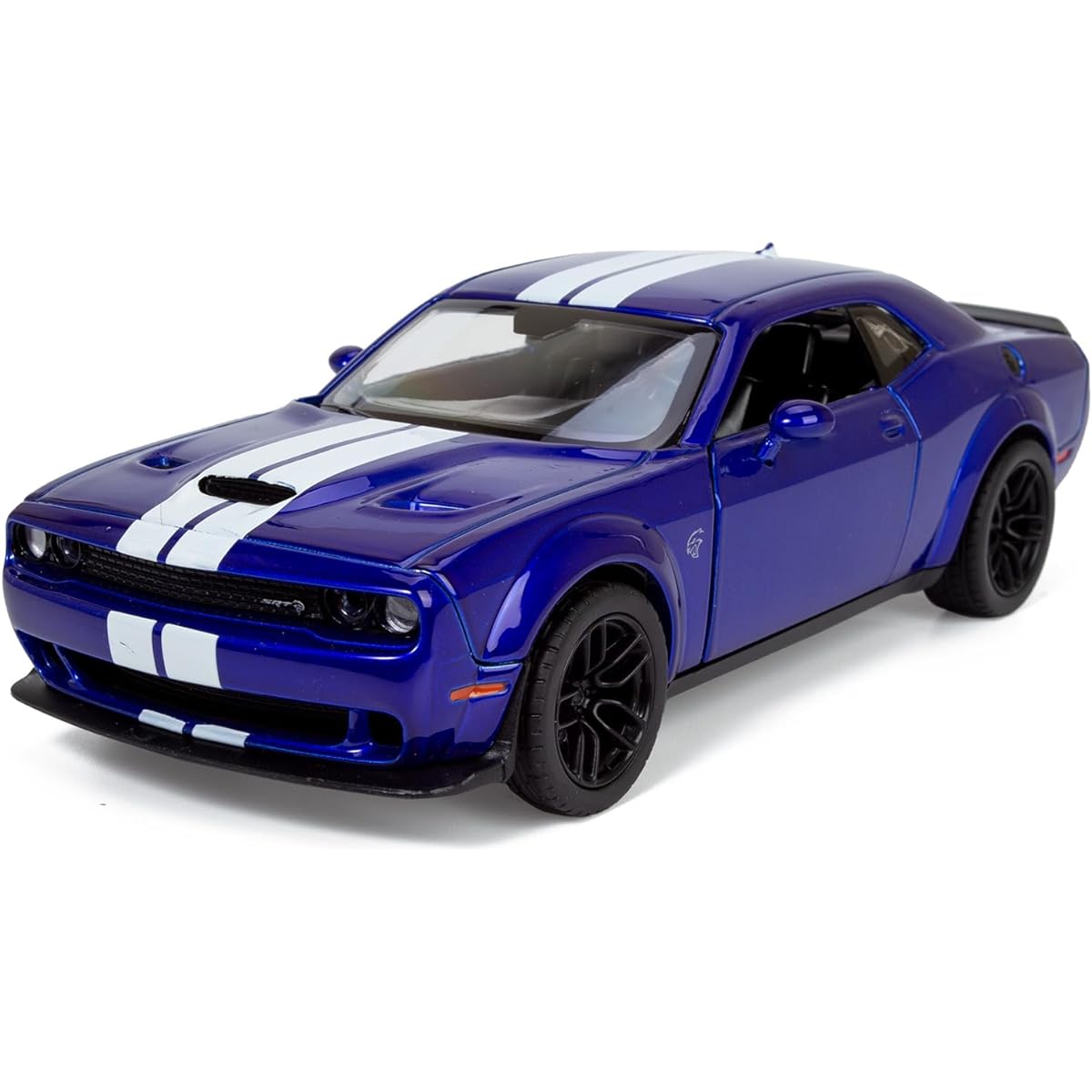 All Star Toys 2018 Dodge Challenger SRT Hellcat Widebody Indigo Blue Racing Stripes 1/24 Diecast Model Car Motormax 79350