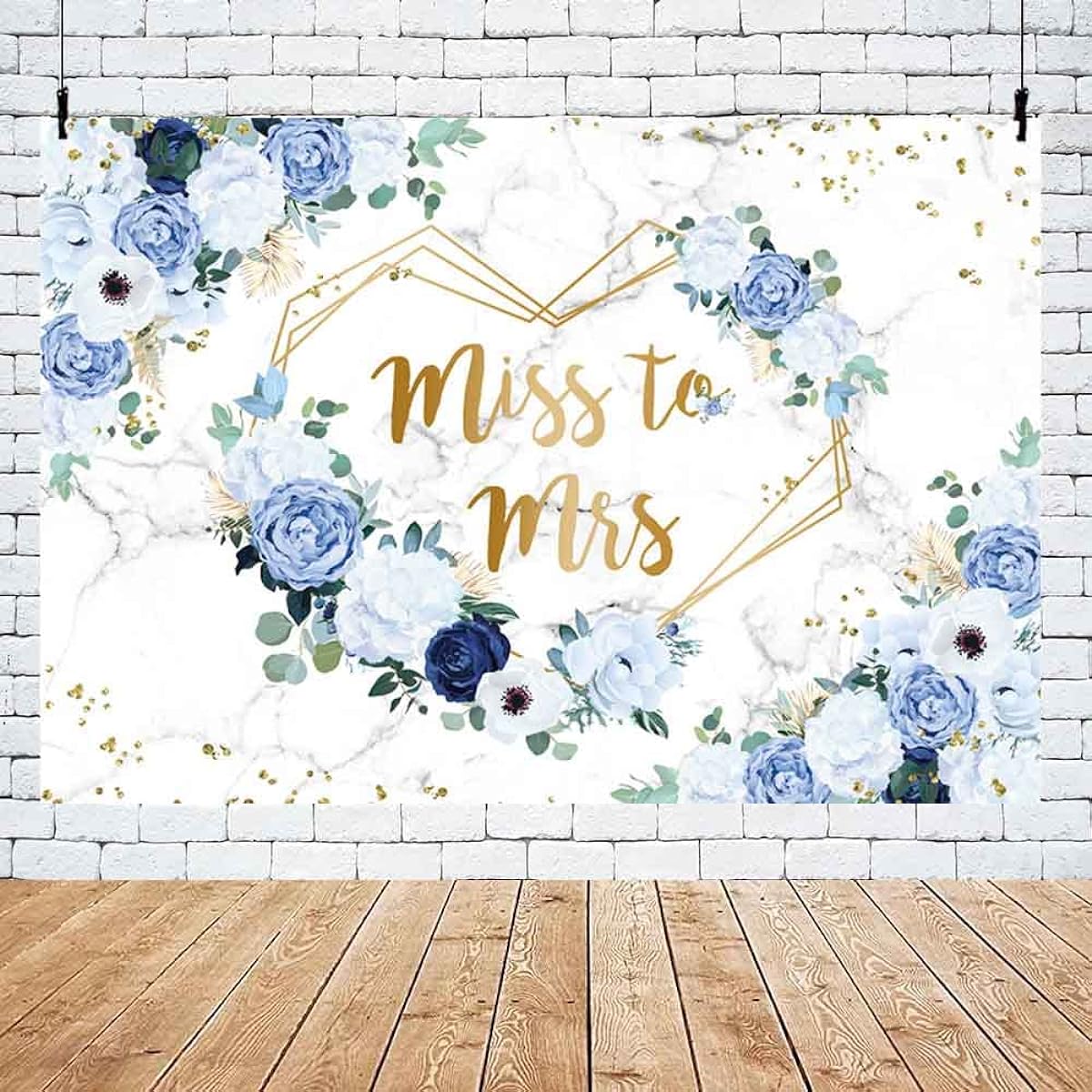 AIBIIN 10x7ft Miss to Mrs Floral Backdrop Bridal Shower Blue and White Flowers Photography Background Heart Geometric Couple Wedding Party Decorations Bride to Be Engagement Banner Props