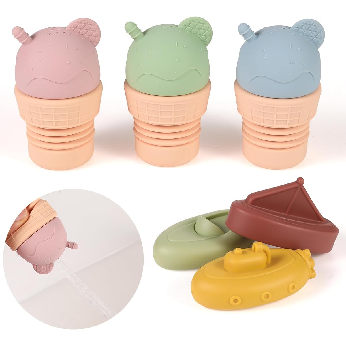 Silicone Bath Toys with Floating Boat Squeezable Bathtub Toys for Toddlers Baby Shower Toys for Kids Fun Water Table Toys Perfect for Bath/Beach/Pool Play