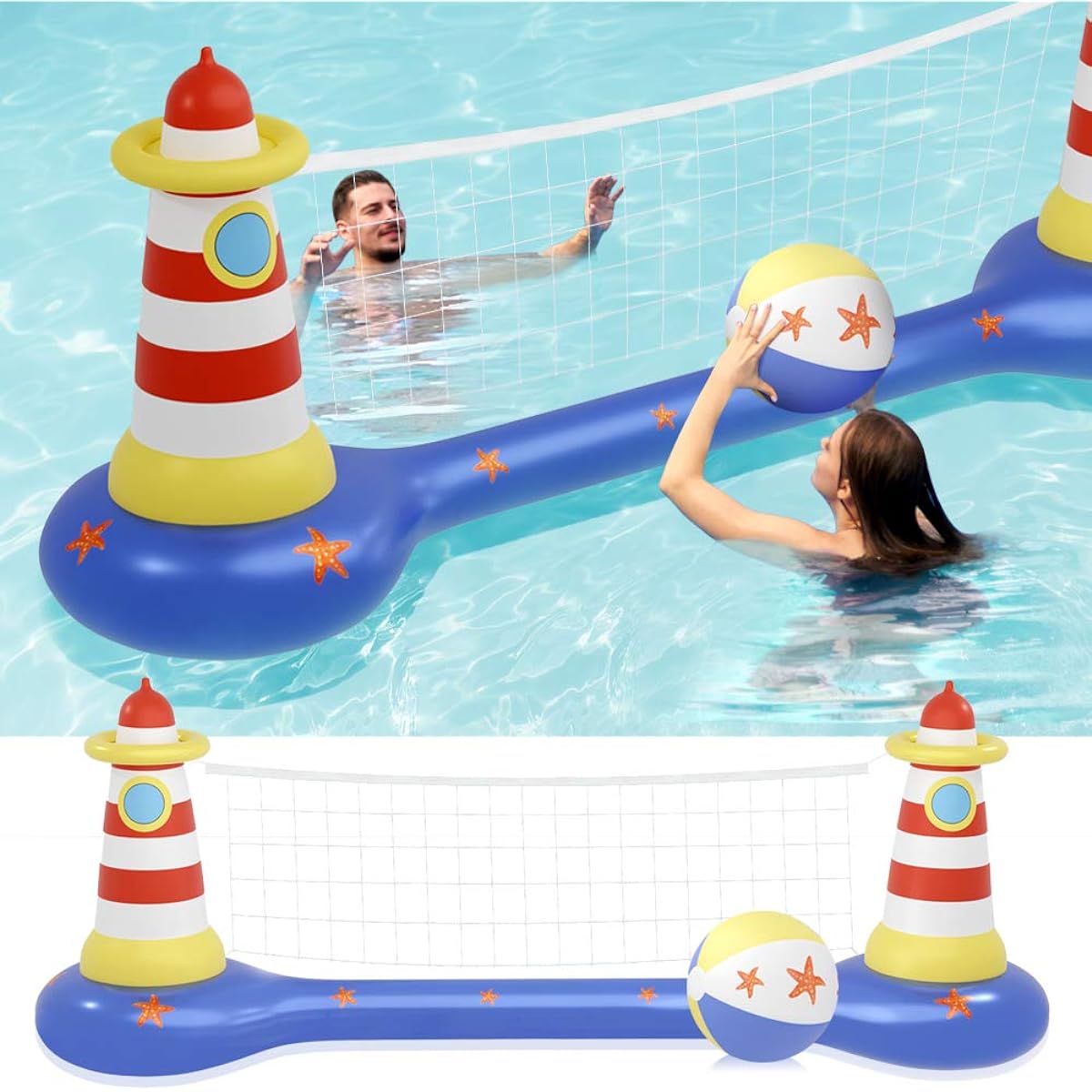 MeiGuiSha Inflatable Lighthouse Float Volleyball Set Fun Swimming Pool Summer Party with Floating Volleyball Net Swimming Game for Kids and Adults 2