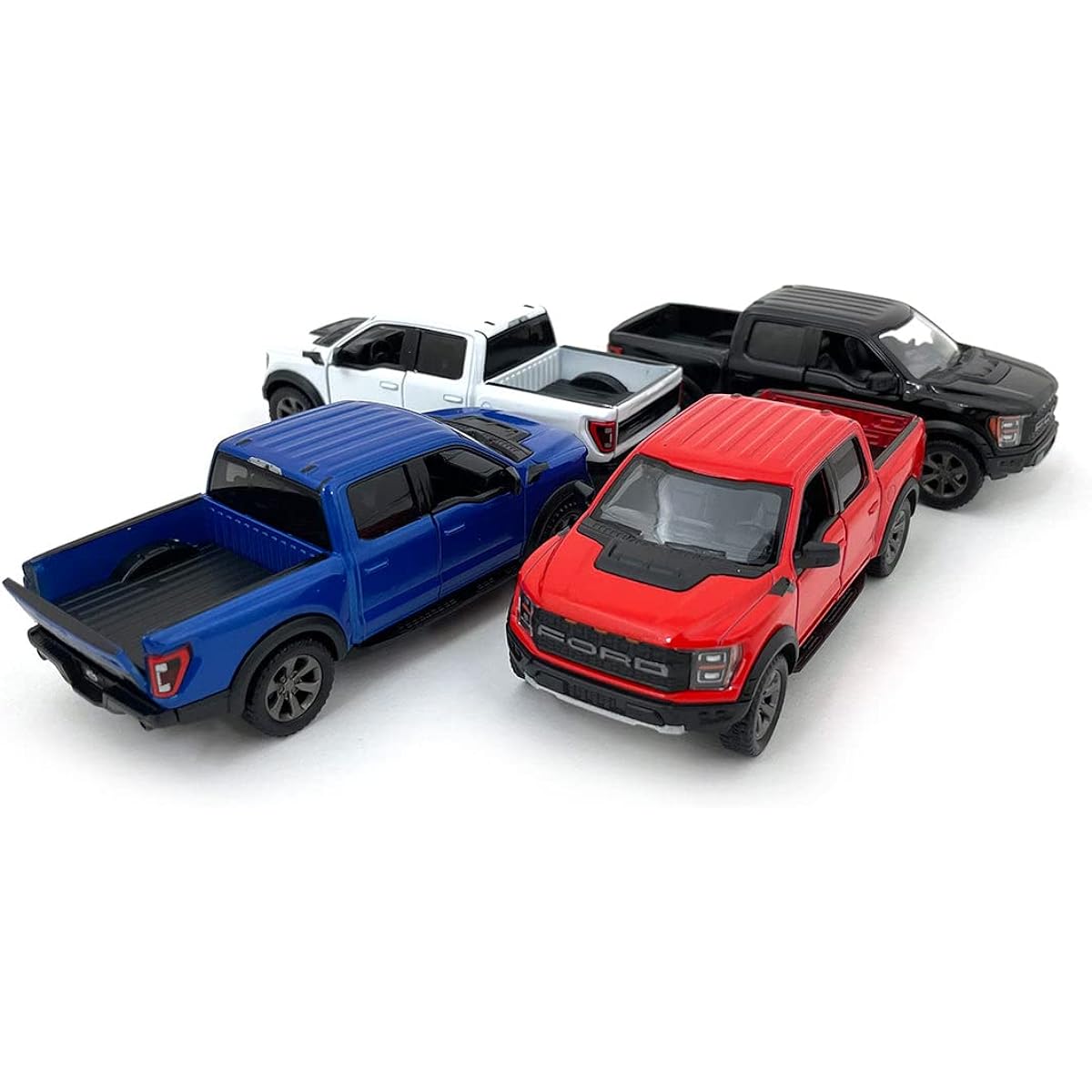 KiNSMART SetOf4 2022 Ford F-150 Raptor 5" 1:46 Scale Diecast Model Toy Truck Black White Red Blue