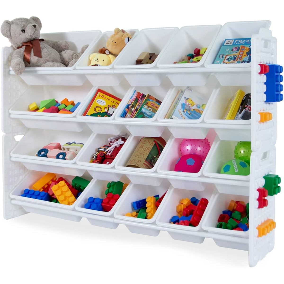 UNiPLAY Toy Organizer with 20 Removable Storage Bins, Multi-Bin Organizer for Books, Building Blocks, School Supplies, Toys with Base Plate Board Frame (White)