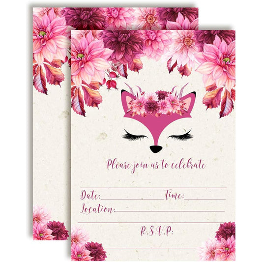 AmandaCreation Fancy Fox Face Watercolor Floral Birthday Party Invitations 20 Cards 5"x7" Includes 20 White Envelopes