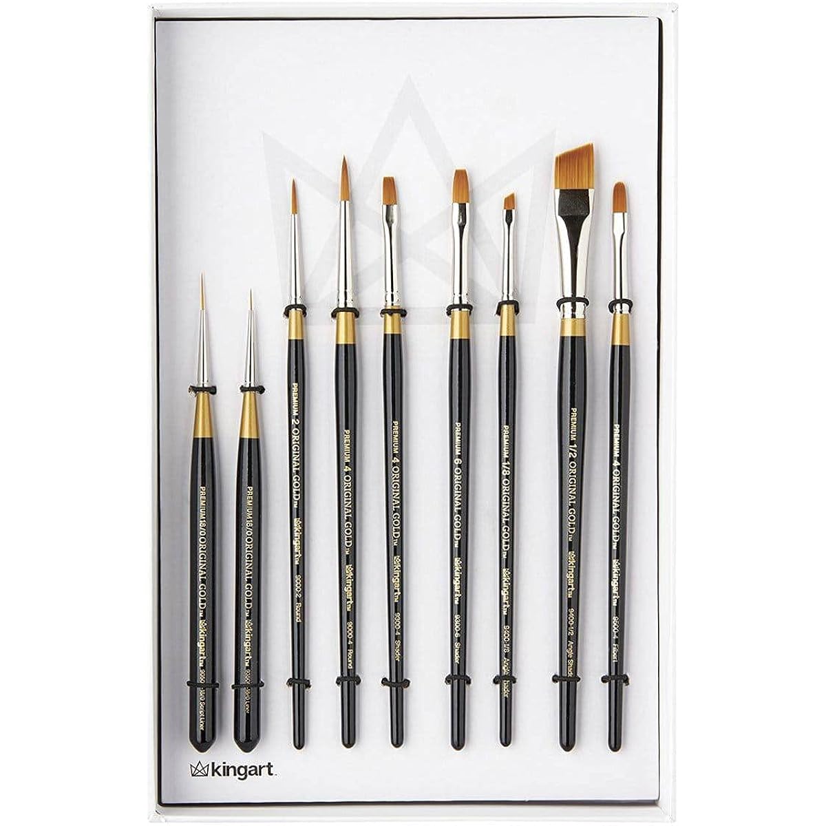 KINGART 1000TT Original Gold - Golden Taklon Sensei Gift Box - 9 Piece Paint Brush Set Assortment Black Silver