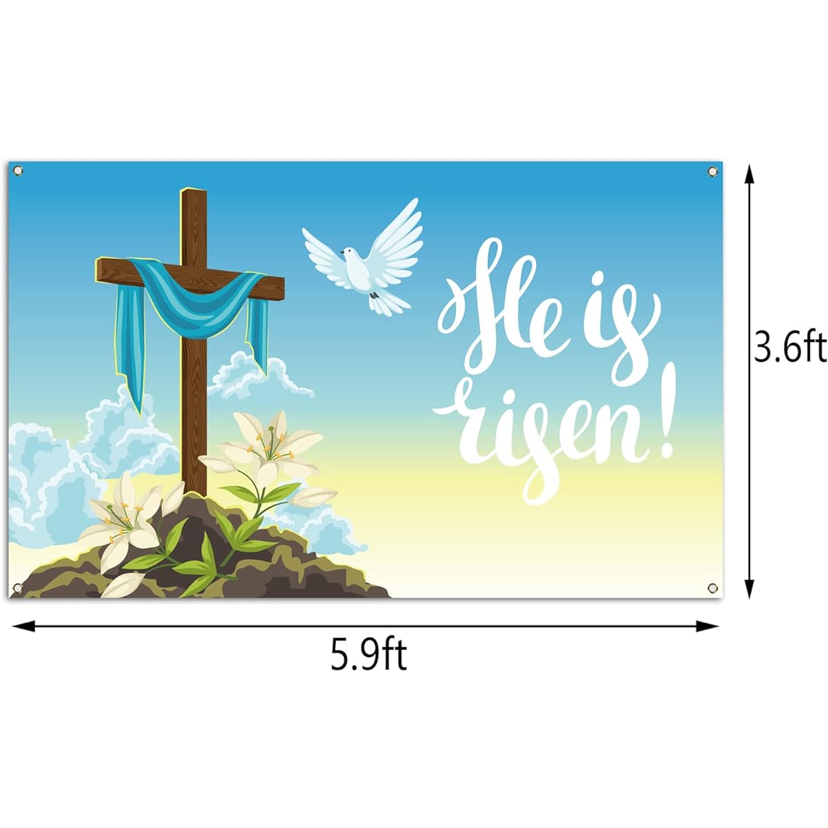 Pudodo He is Risen Backdrop Banner Easter Christian Cross Lily Religious Holiday Party Photography Background Wall Decor(3.6x17.8ft)