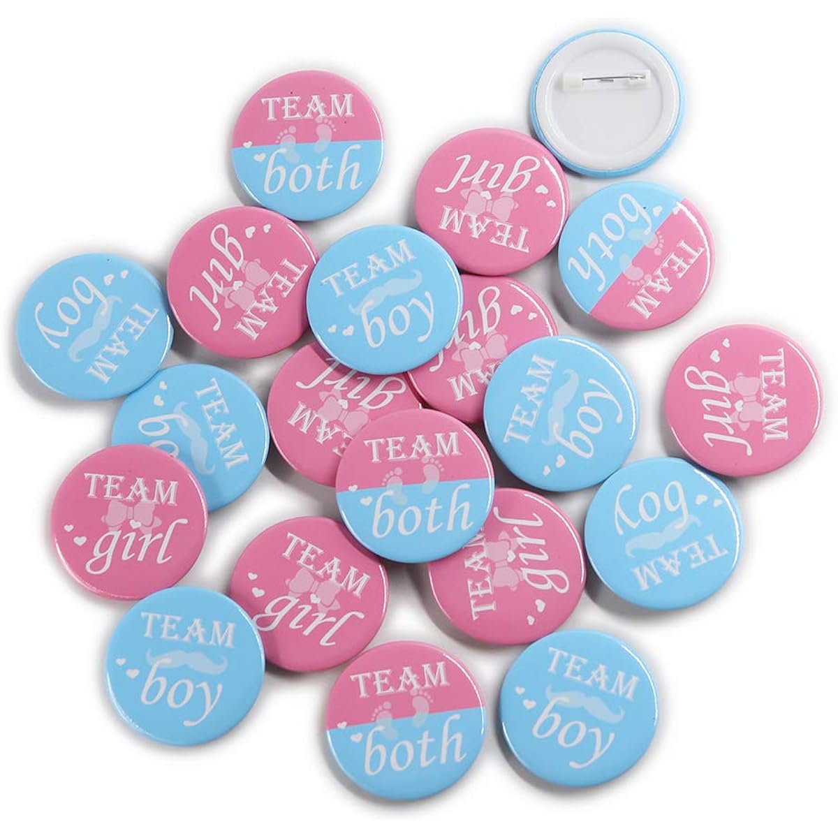 Team Girl & Team Boy Button Pins - Gender Reveal Party Games Baby Shower Party Ideas, Wear Your Guess, Girl or Boy, He or She Pin-Back Buttons (Set of 20, Round 1.5", Pink & Blue)