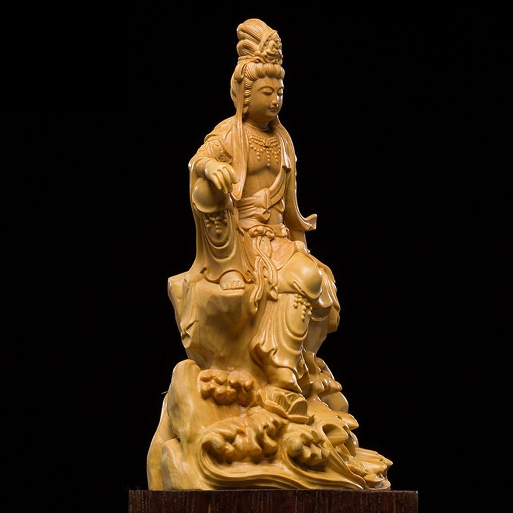 [Kano] Kannon Bodhisattva Seated Statue, High Quality Natural Boxwood Wood Carving, Wooden Buddha Statue, Buddhist Artwork, Yellow Yang, Tsuge, Kannon Statue Sculpture, Kanzeon Bodhisattva, Kannon Bodhisattva, Exclusive Presentation Box, Care Guide Inclu