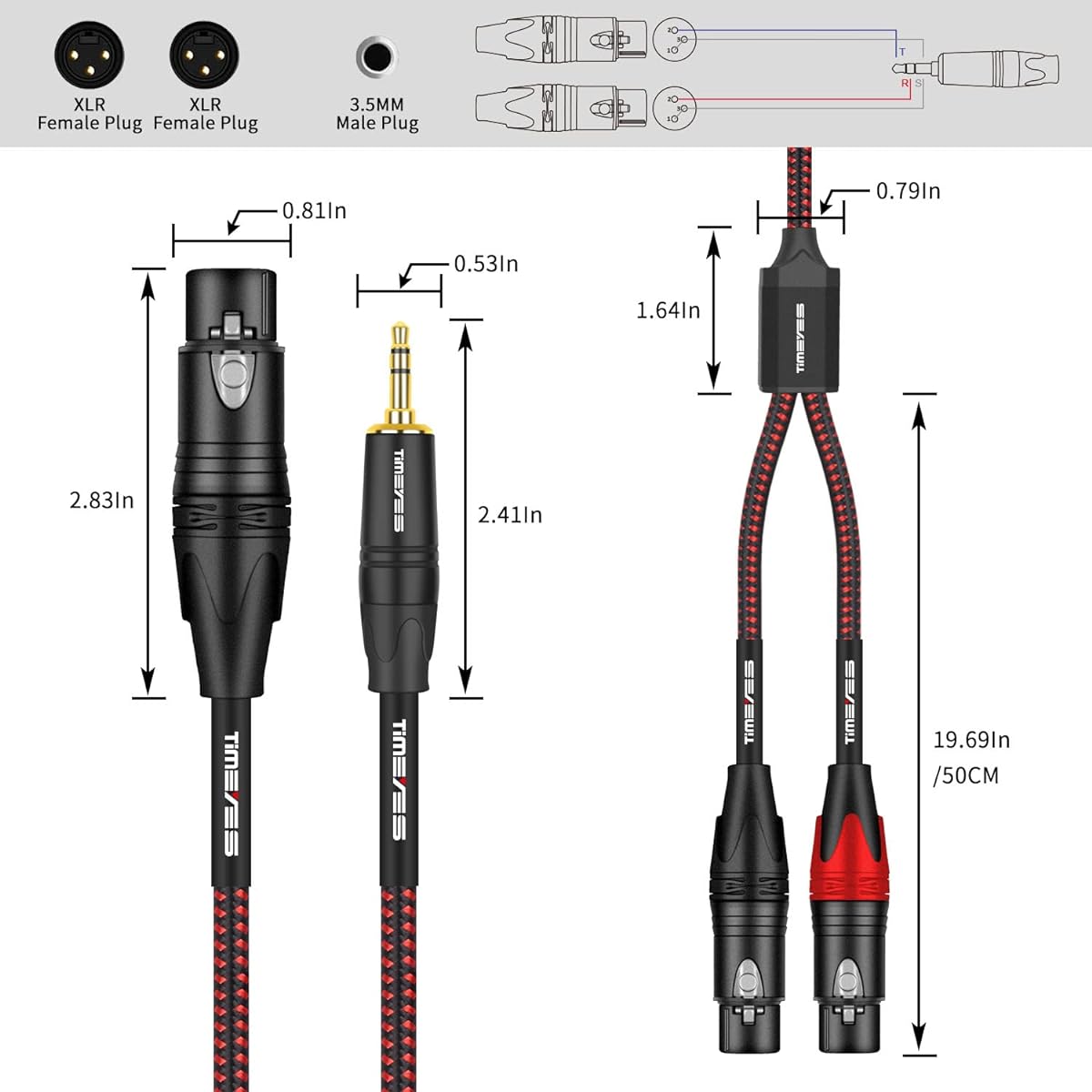 TIMEYES 3.5mm 1/8" - XLR Mic Audio Y Cable - 1/8" 3.5mm Male to Dual XLR Female Breakout Cable - 3.5mm to 2 x XLR 3 Pin Unbalanced Microphone Adapter Cable Cord 3ft/1m